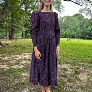 Laura Ashley VINTAGE 80s Red Green Purple Floral Corduroy Dress Size Small